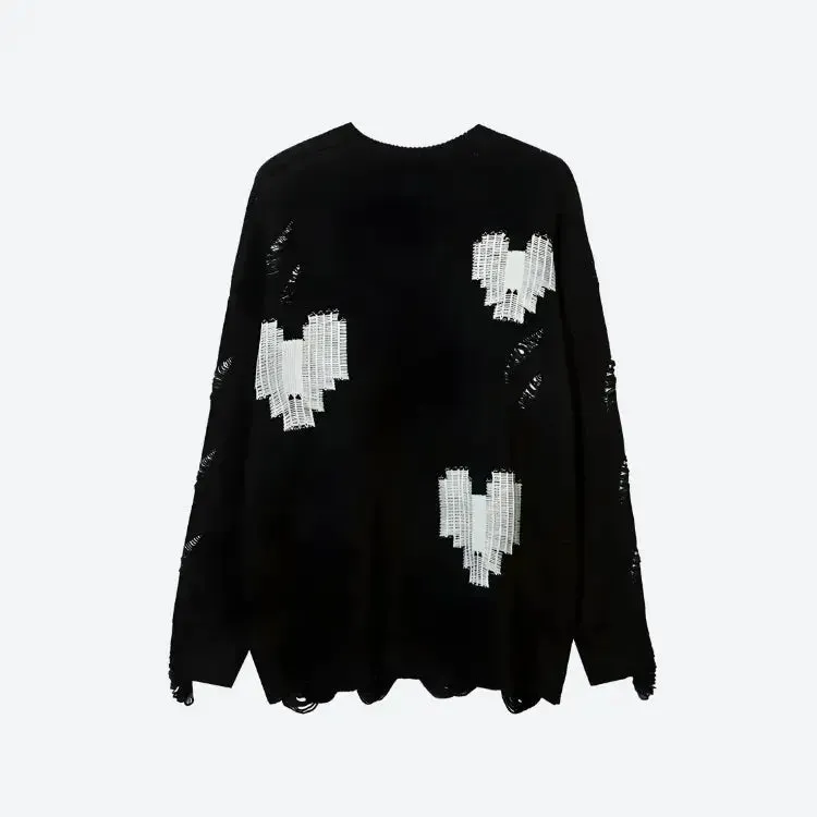 Grunge Sweater with Distressed Details and Contrast Color Heart Patterns
