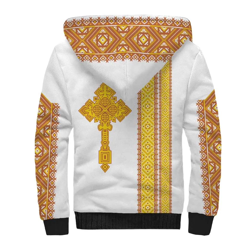 Habesha Motifs Ethiopia Sherpa Hoodie Tilet White Gold LT7