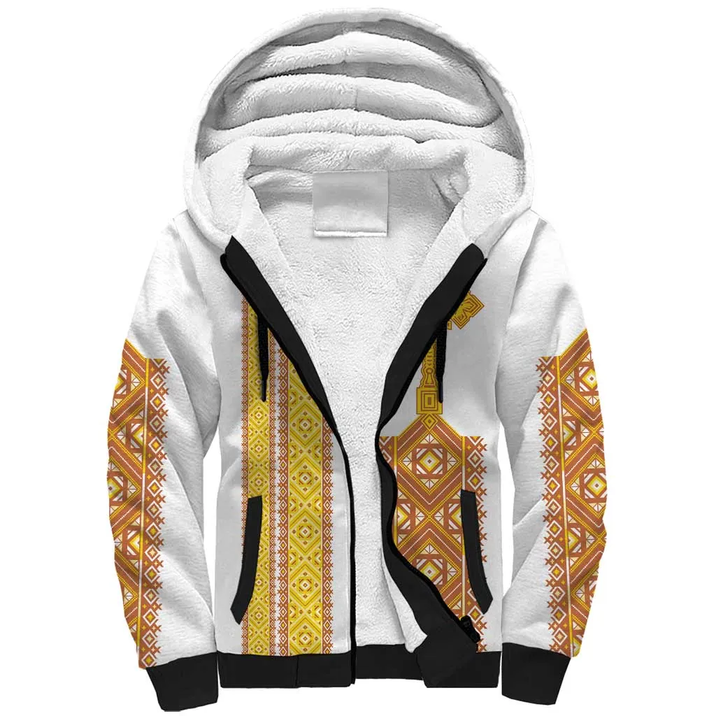 Habesha Motifs Ethiopia Sherpa Hoodie Tilet White Gold LT7