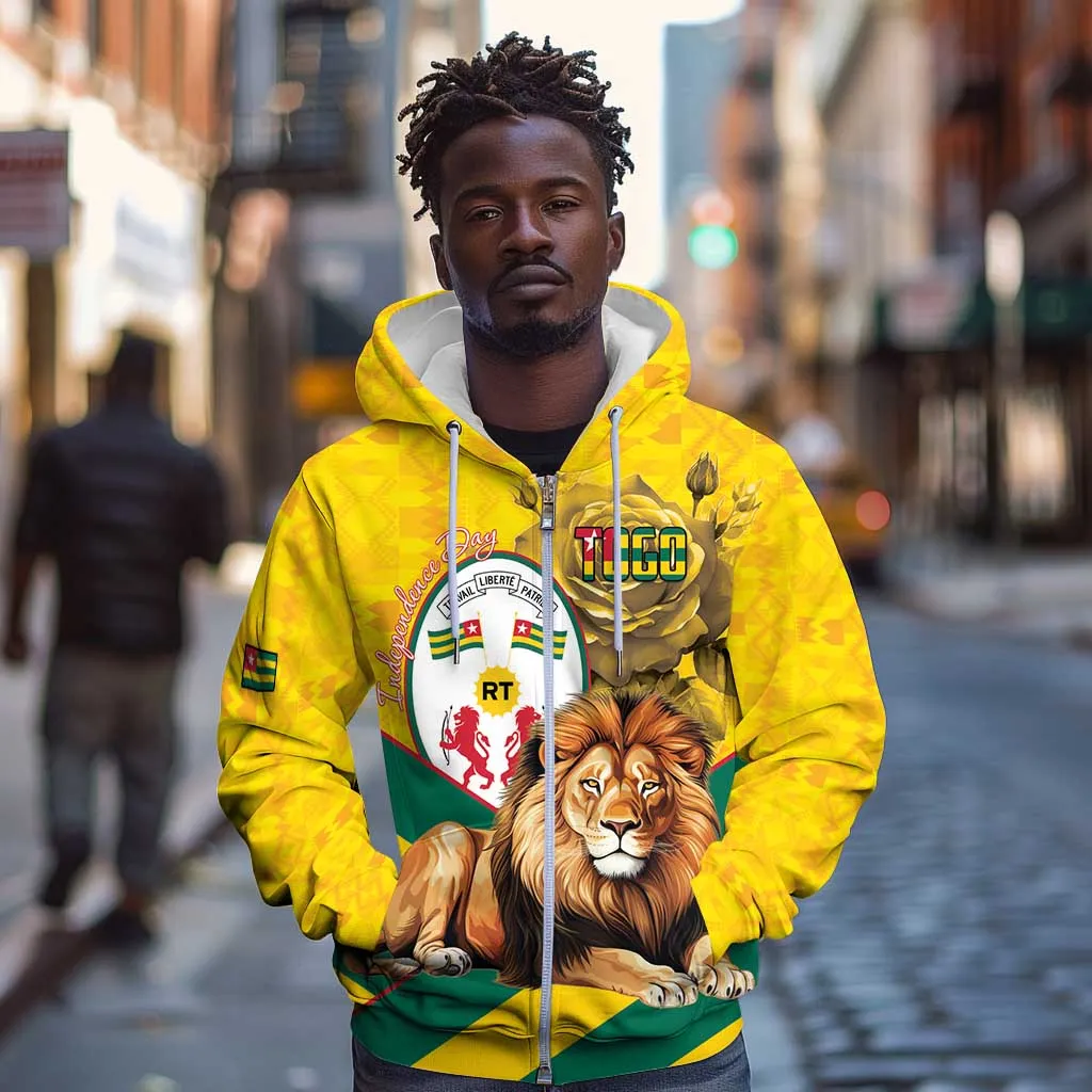 Happy Togo Independence Day Zip Hoodie Lion With Coat Of Arms - Kente Pattern LT15