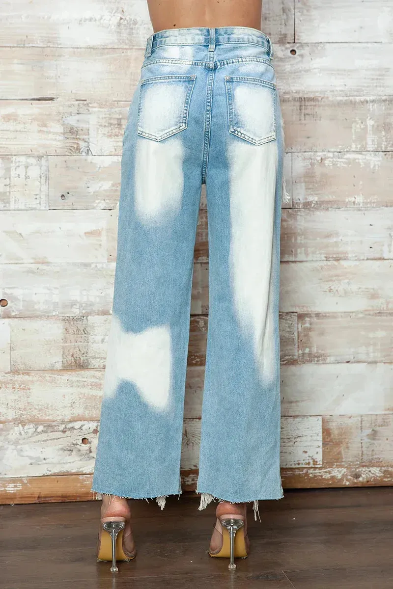 High Waisted Bleached Heavily Distressed Wide Leg Jeans