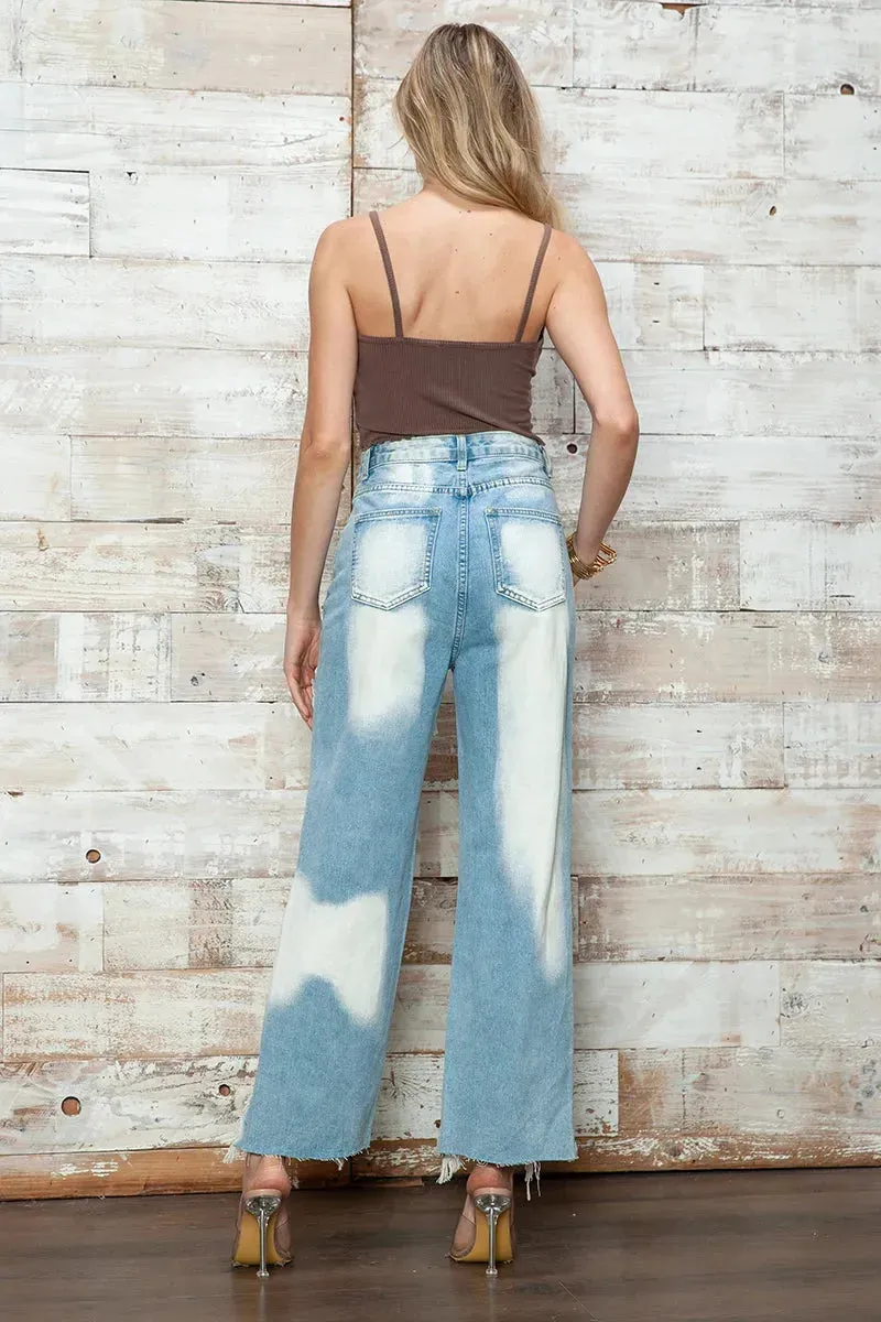 High Waisted Bleached Heavily Distressed Wide Leg Jeans