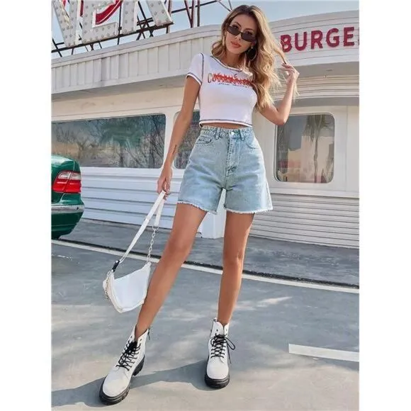 High Waisted Denim Shorts Rolled Hem Wide Leg Casual Jean Shorts with Pockets