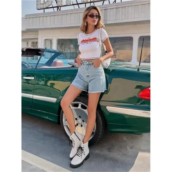 High Waisted Denim Shorts Rolled Hem Wide Leg Casual Jean Shorts with Pockets