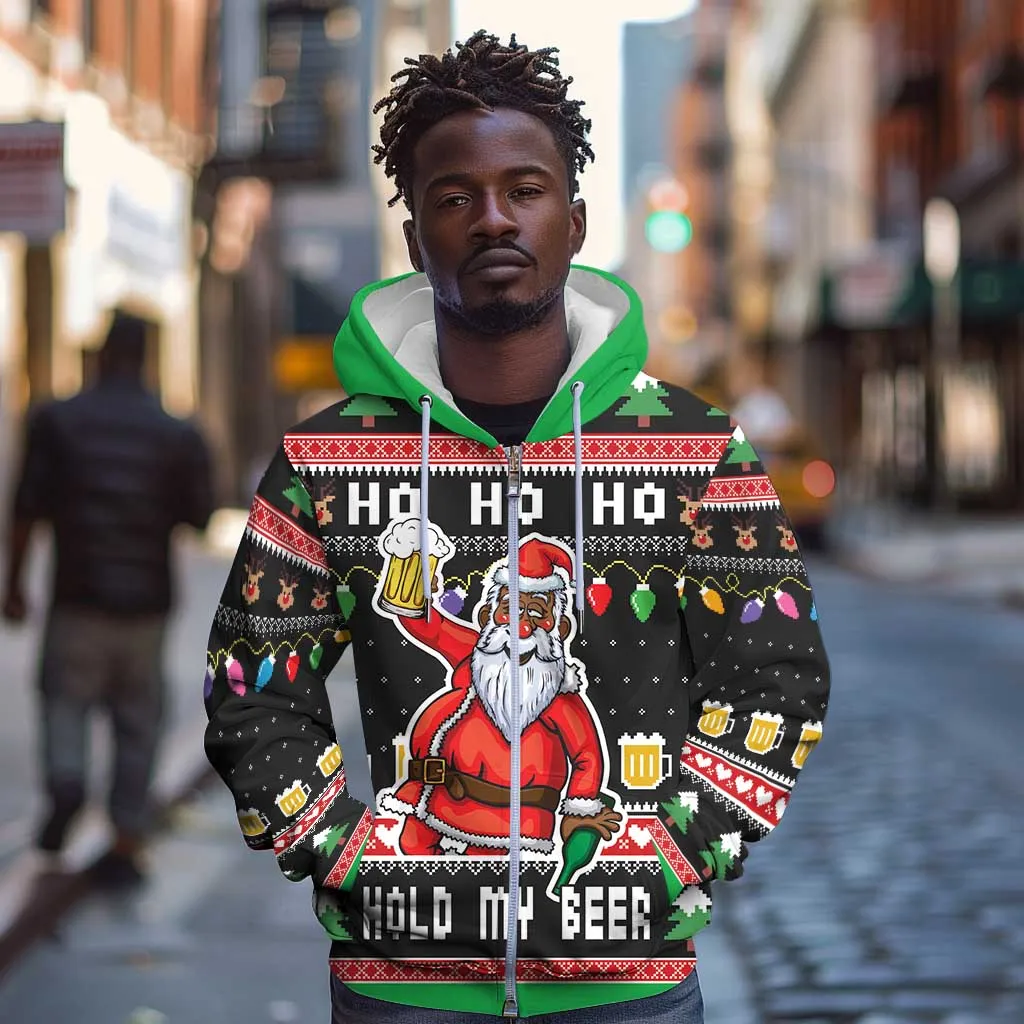 Ho Ho Ho Hold My Beer Santa Afro Zip Hoodie Christmas Beer DT03