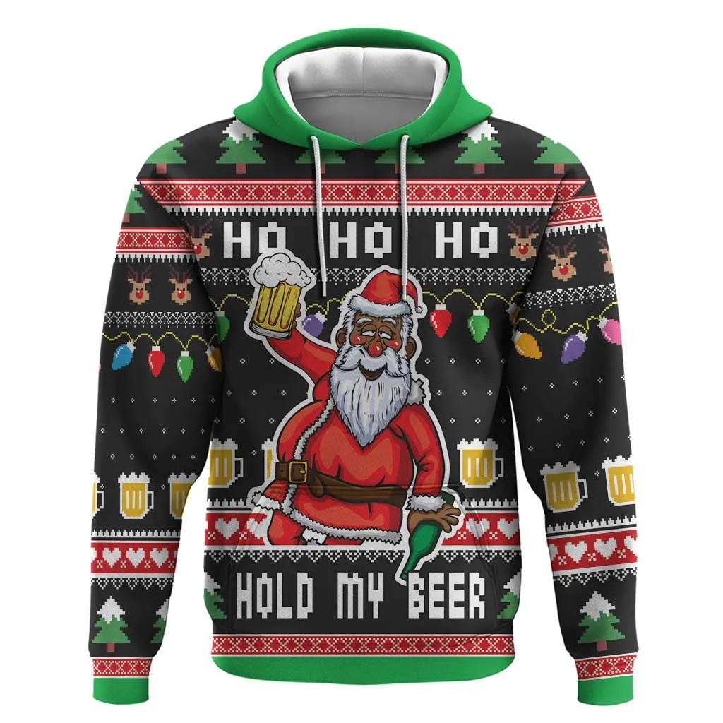Ho Ho Ho Hold My Beer Santa Afro Zip Hoodie Christmas Beer DT03