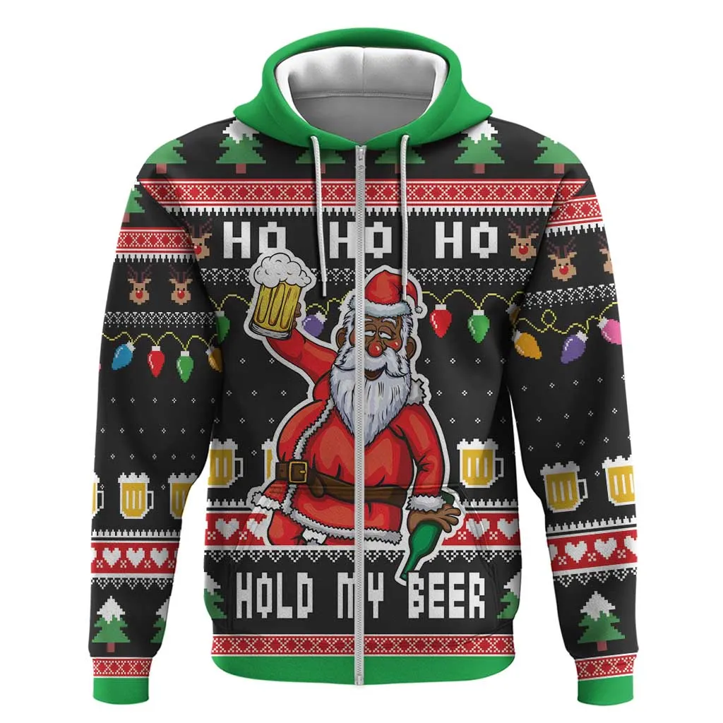 Ho Ho Ho Hold My Beer Santa Afro Zip Hoodie Christmas Beer DT03