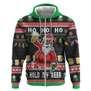 Ho Ho Ho Hold My Beer Santa Afro Zip Hoodie Christmas Beer DT03