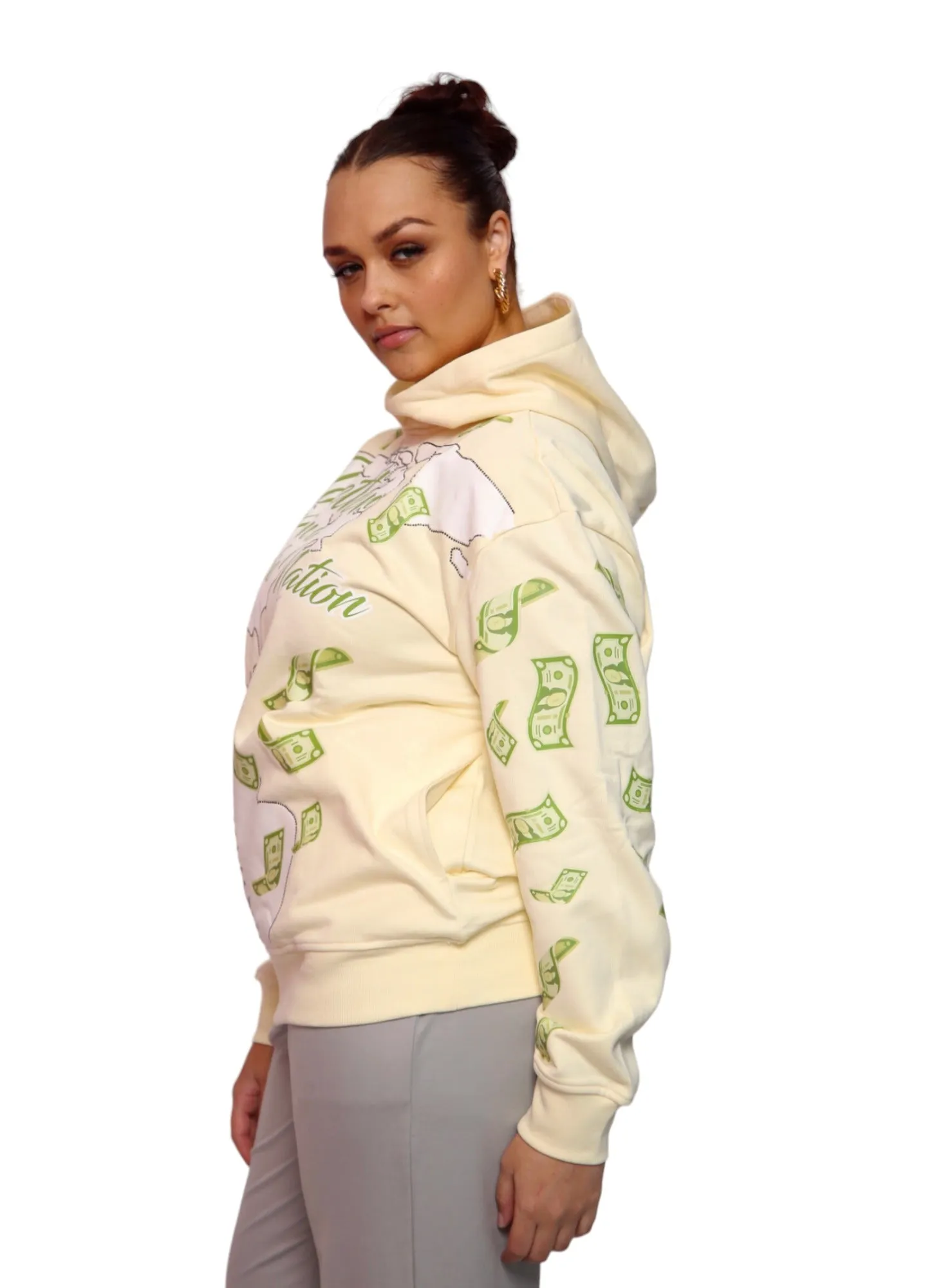 ‘Hoodie Nation’ Rhinestone Affirmation Hoodie - Sand