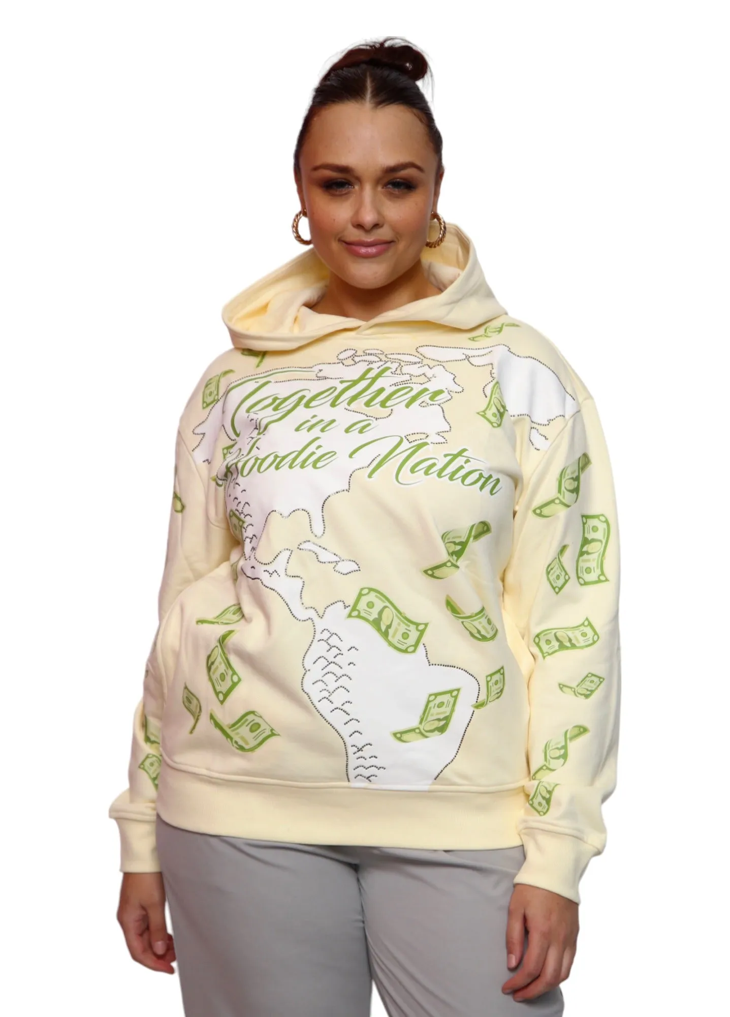 ‘Hoodie Nation’ Rhinestone Affirmation Hoodie - Sand