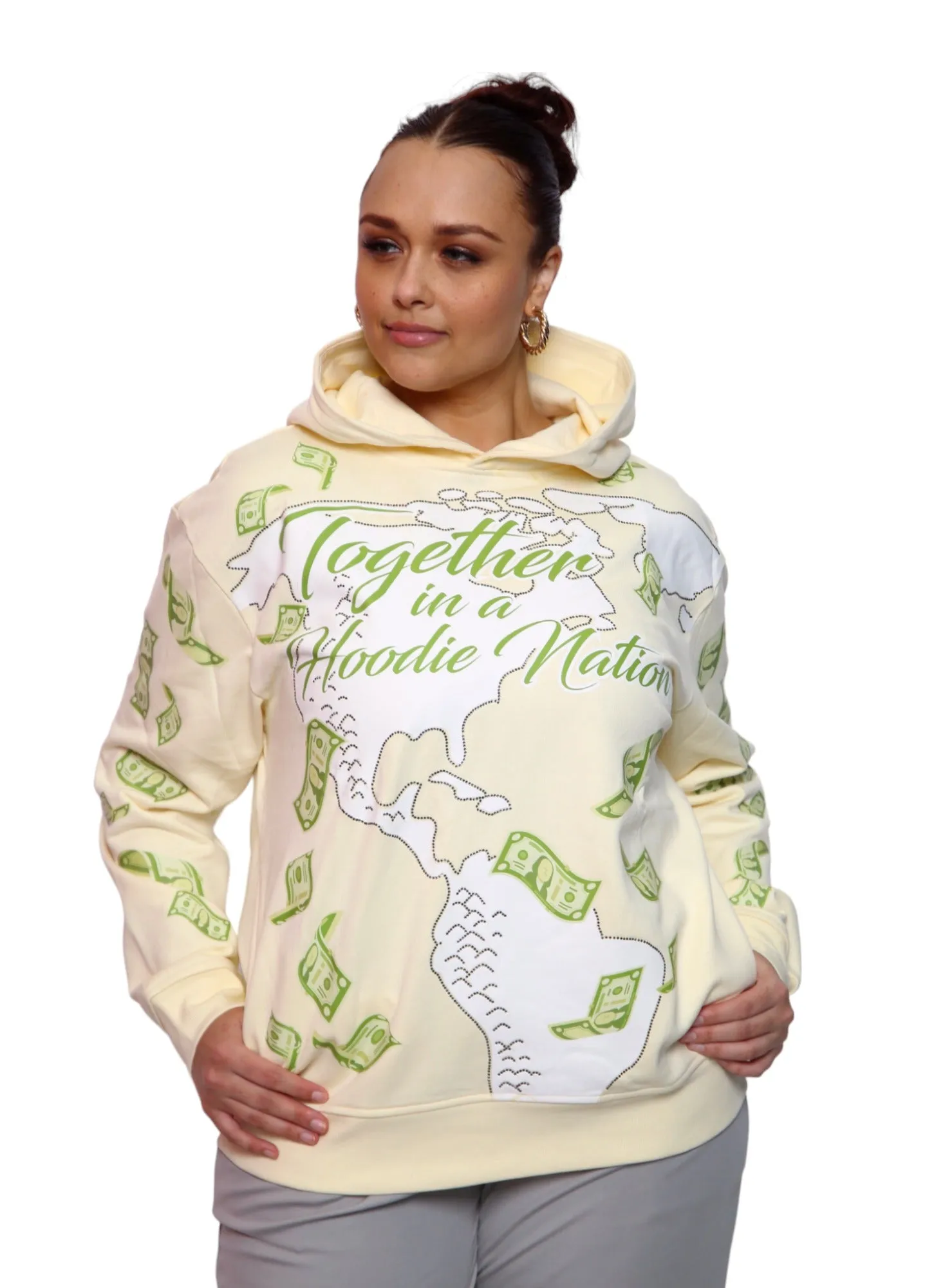 ‘Hoodie Nation’ Rhinestone Affirmation Hoodie - Sand
