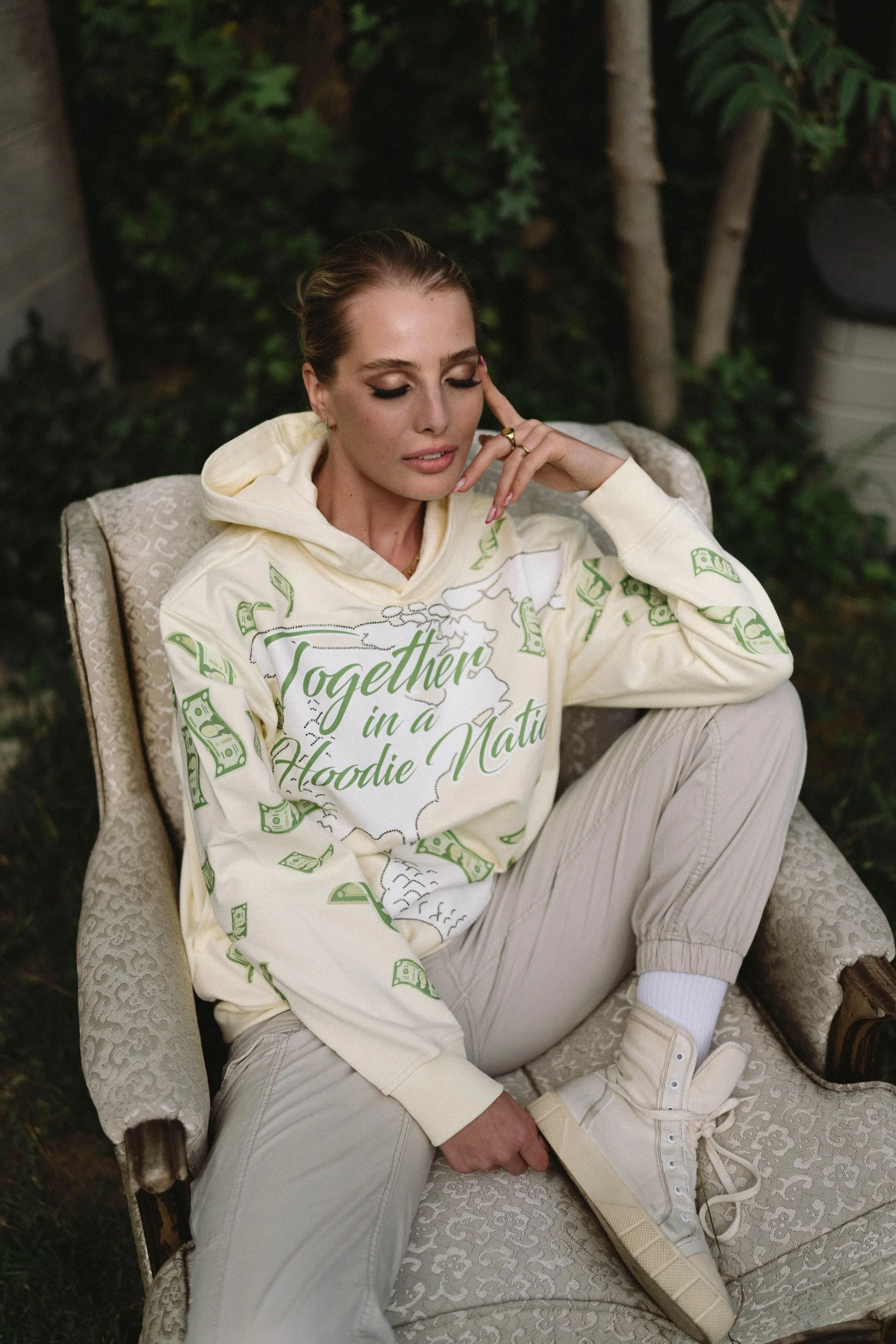 ‘Hoodie Nation’ Rhinestone Affirmation Hoodie - Sand
