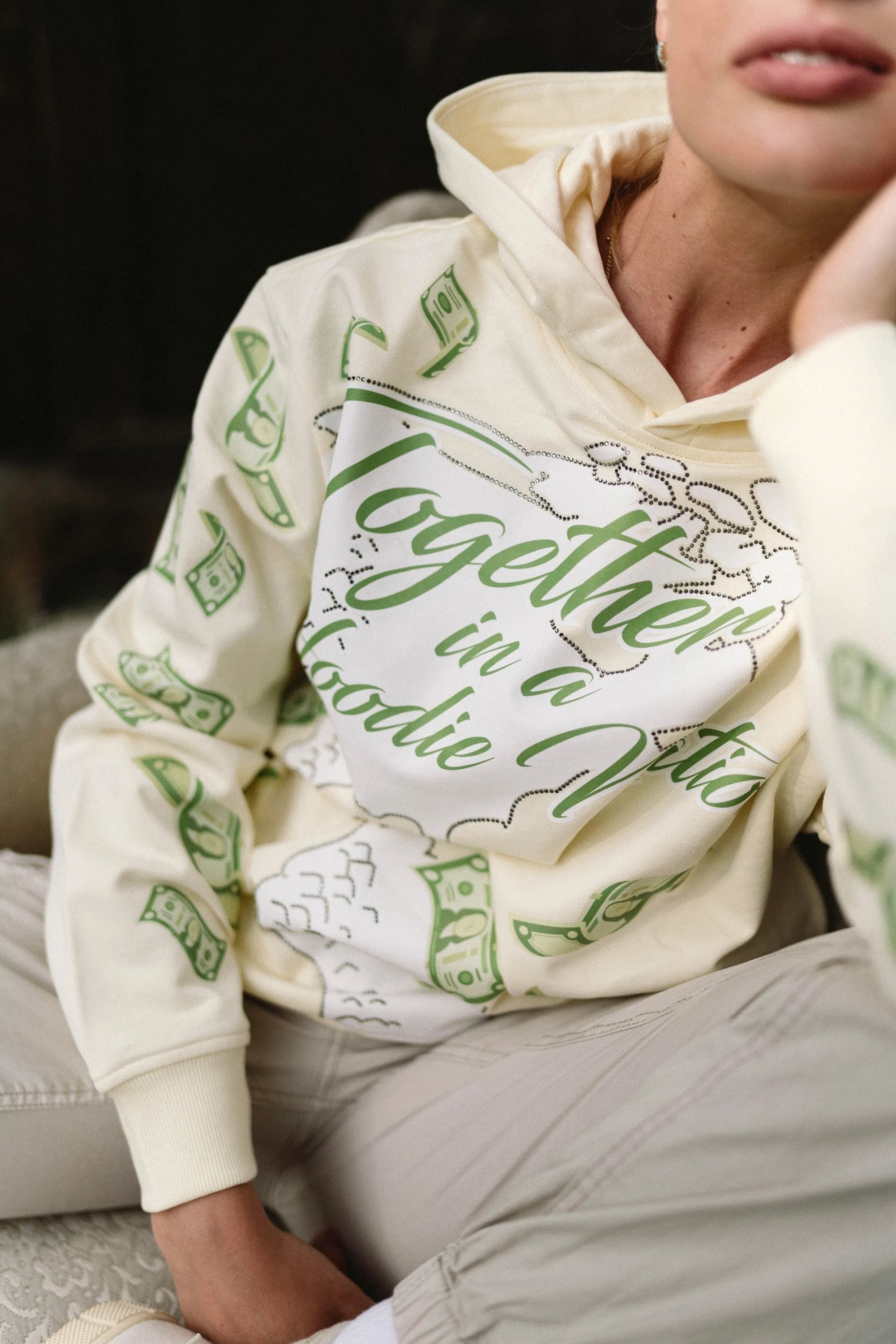 ‘Hoodie Nation’ Rhinestone Affirmation Hoodie - Sand