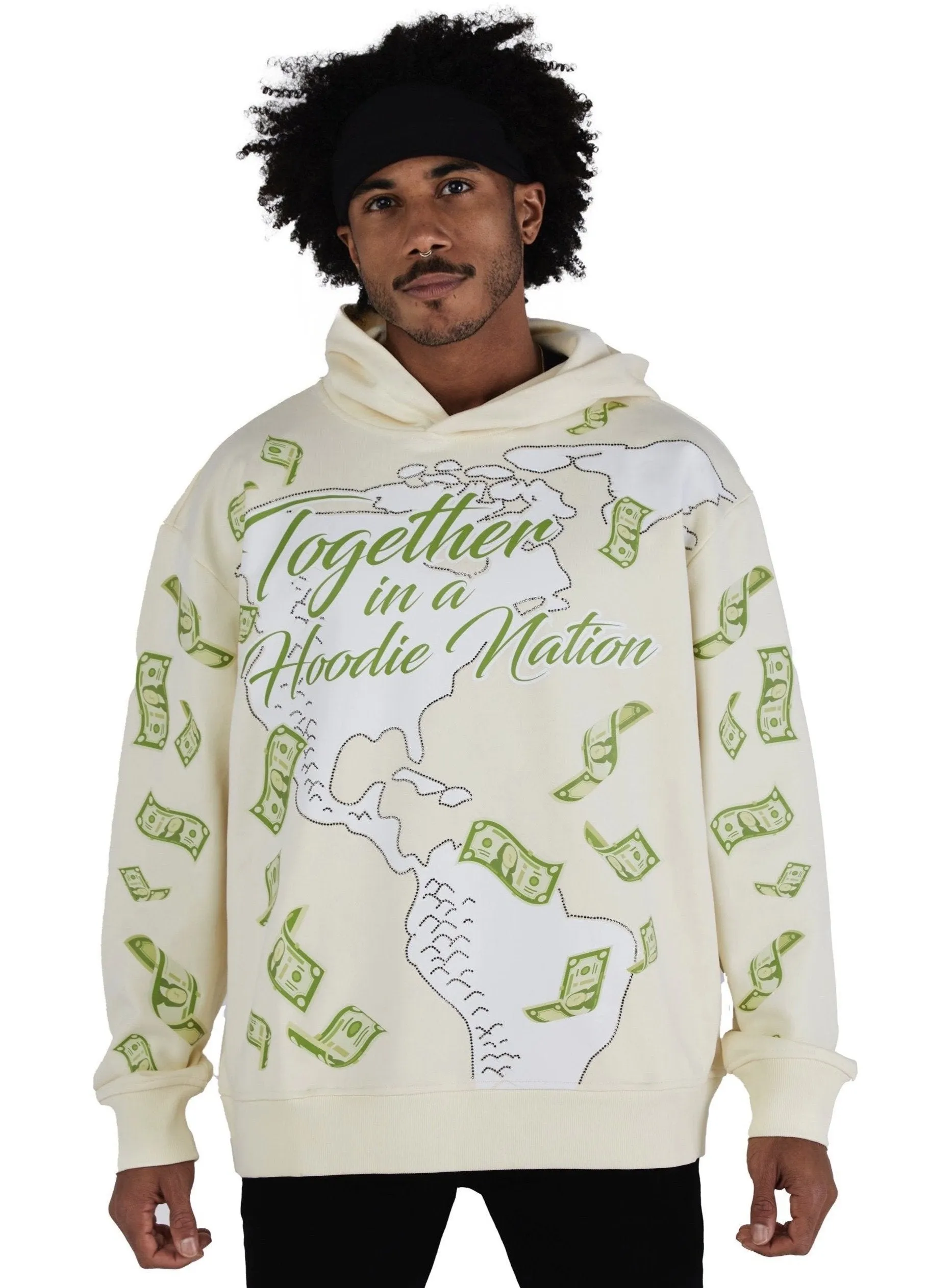 ‘Hoodie Nation’ Rhinestone Affirmation Hoodie - Sand