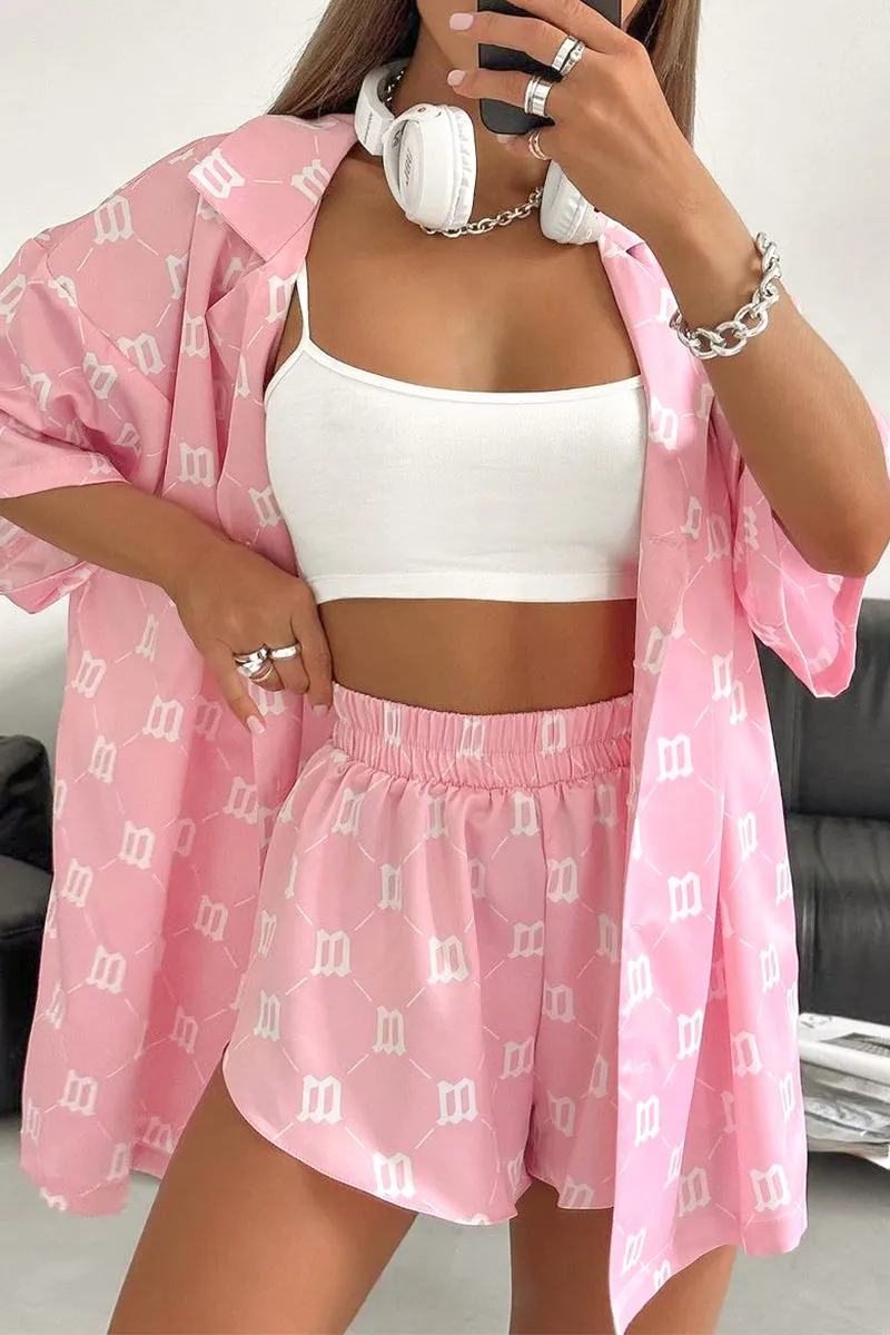 HUP1117 Printed Collared Top & Shorts Set