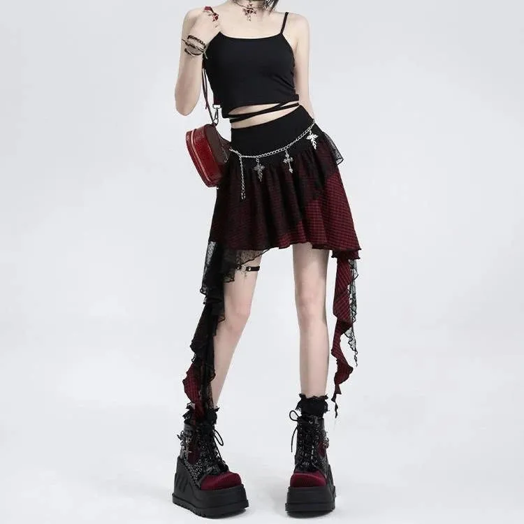 Japanese Harajuku Gothic Lace Plaid High Waist Mini Skirt | Irregular Hem A-Line Y2K Fashion