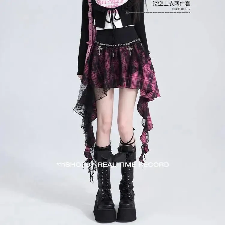 Japanese Harajuku Gothic Lace Plaid High Waist Mini Skirt | Irregular Hem A-Line Y2K Fashion