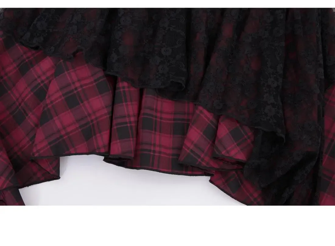 Japanese Harajuku Gothic Lace Plaid High Waist Mini Skirt | Irregular Hem A-Line Y2K Fashion