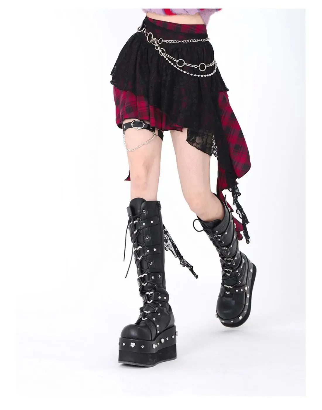 Japanese Harajuku Gothic Lace Plaid High Waist Mini Skirt | Irregular Hem A-Line Y2K Fashion