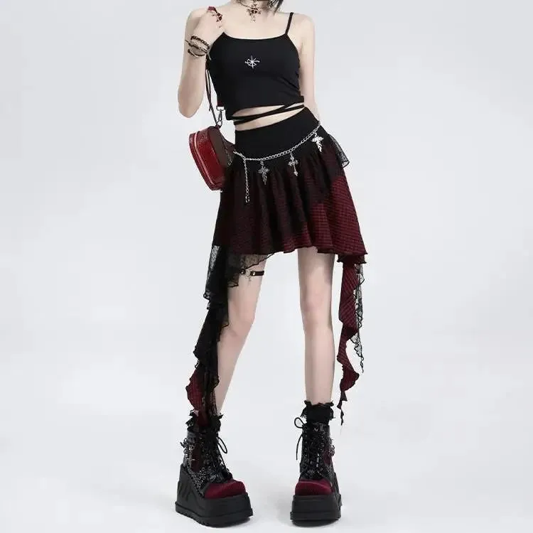 Japanese Harajuku Gothic Lace Plaid High Waist Mini Skirt | Irregular Hem A-Line Y2K Fashion