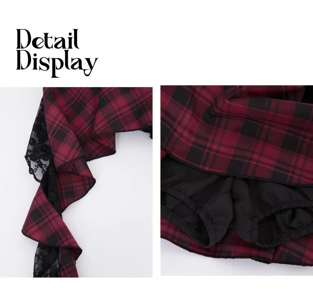 Japanese Harajuku Gothic Lace Plaid High Waist Mini Skirt | Irregular Hem A-Line Y2K Fashion