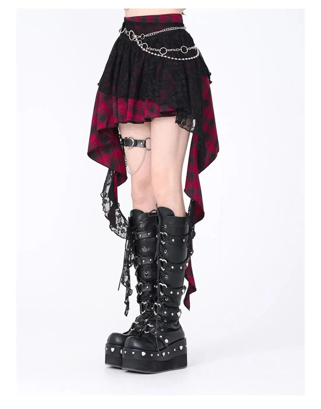 Japanese Harajuku Gothic Lace Plaid High Waist Mini Skirt | Irregular Hem A-Line Y2K Fashion