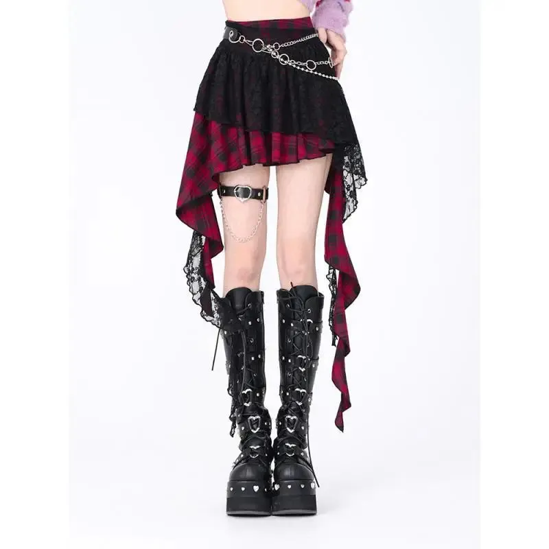 Japanese Harajuku Gothic Lace Plaid High Waist Mini Skirt | Irregular Hem A-Line Y2K Fashion