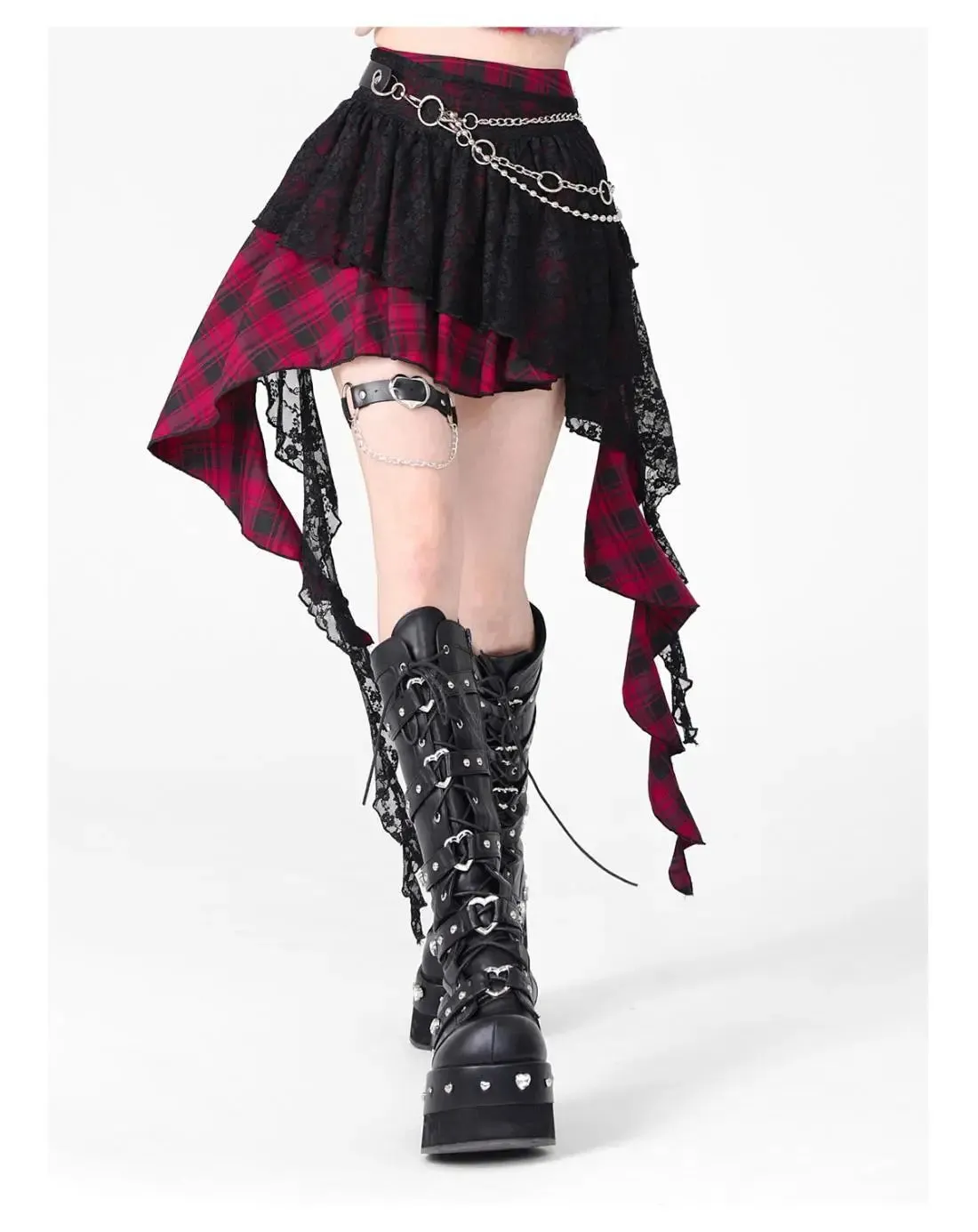 Japanese Harajuku Gothic Lace Plaid High Waist Mini Skirt | Irregular Hem A-Line Y2K Fashion