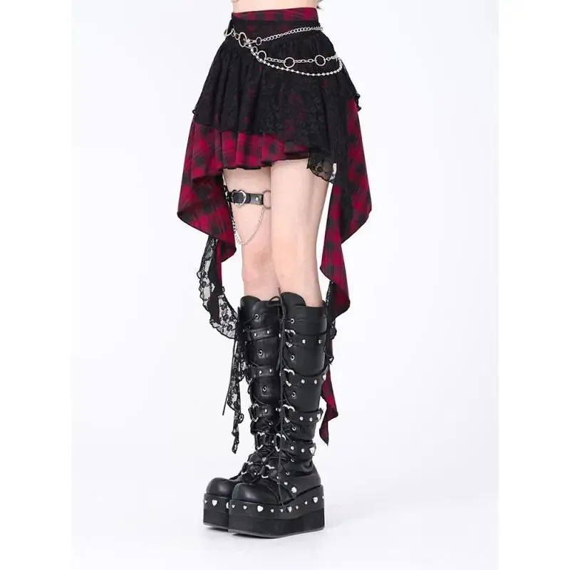 Japanese Harajuku Gothic Lace Plaid High Waist Mini Skirt | Irregular Hem A-Line Y2K Fashion