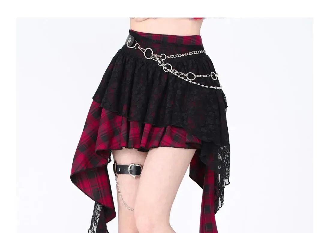 Japanese Harajuku Gothic Lace Plaid High Waist Mini Skirt | Irregular Hem A-Line Y2K Fashion