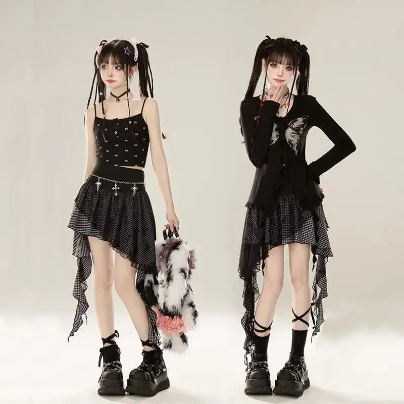 Japanese Harajuku Gothic Lace Plaid High Waist Mini Skirt | Irregular Hem A-Line Y2K Fashion