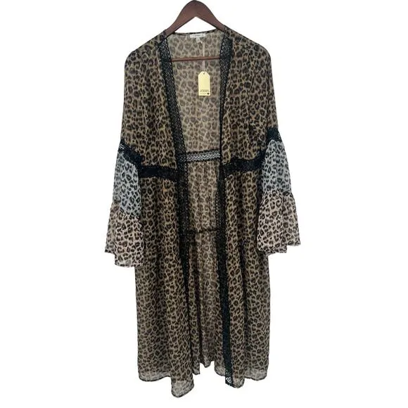 JODIFL Leopard Print Tiered Open Front Sheer Duster Women's Size Small NEW!!!
