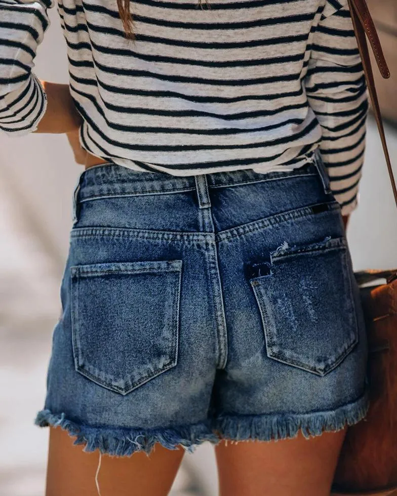 Just The Way Wash Distressed High-Waisted Shorts - Navy Blue