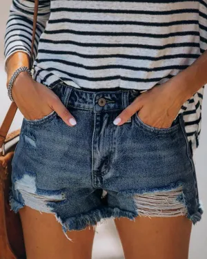 Just The Way Wash Distressed High-Waisted Shorts - Navy Blue