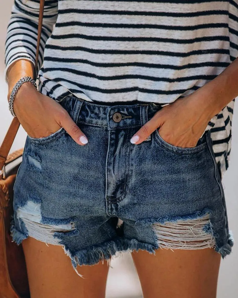 Just The Way Wash Distressed High-Waisted Shorts - Navy Blue