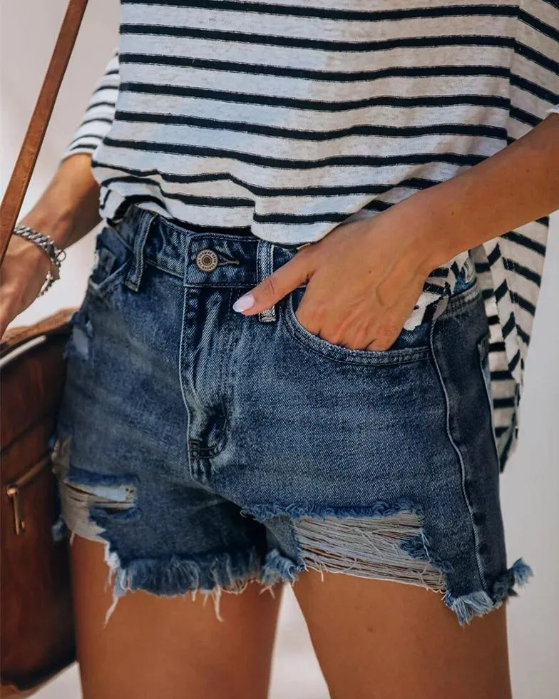 Just The Way Wash Distressed High-Waisted Shorts - Navy Blue