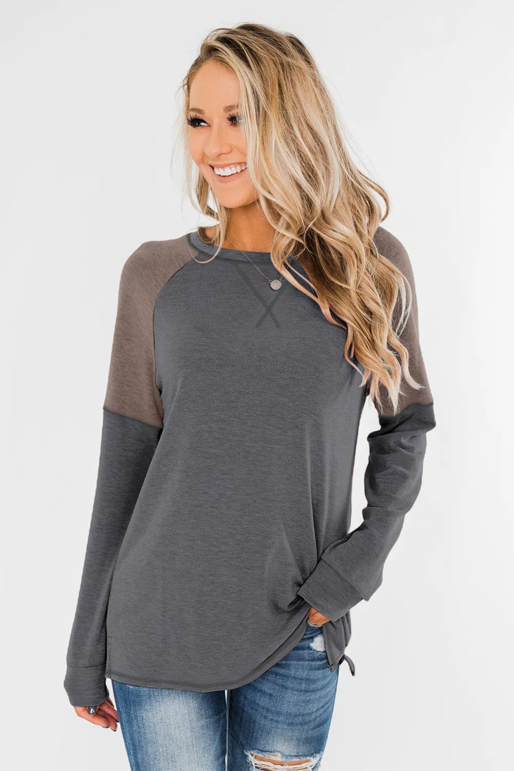 Khaki Color Block Raglan Sleeve Top