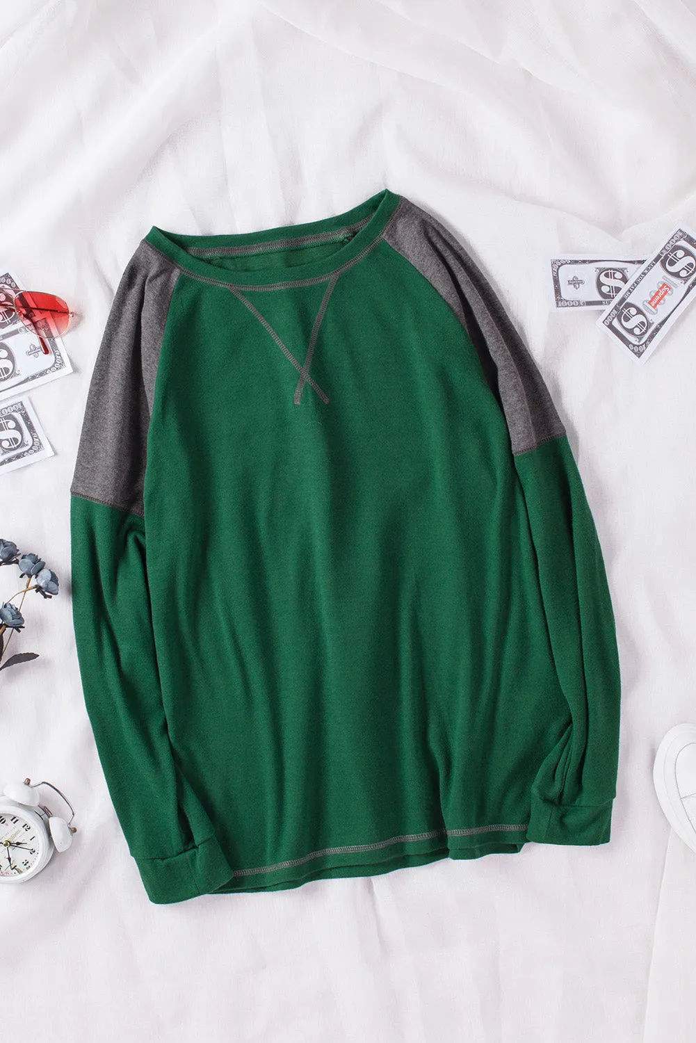Khaki Color Block Raglan Sleeve Top