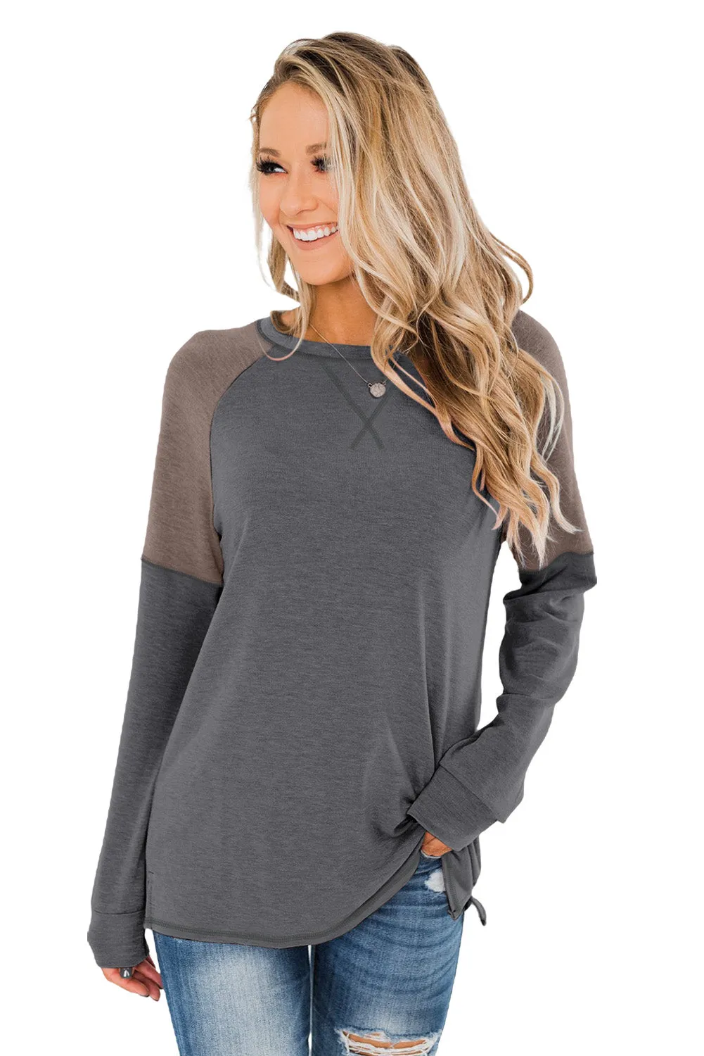 Khaki Color Block Raglan Sleeve Top