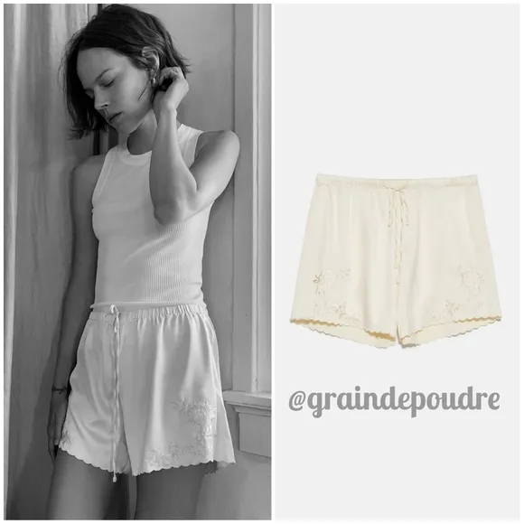 Last One! Rare Zara Ivory Silky Satin Embroidered Pajama Shorts M