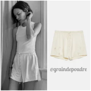 Last One! Rare Zara Ivory Silky Satin Embroidered Pajama Shorts M