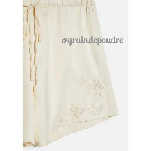 Last One! Rare Zara Ivory Silky Satin Embroidered Pajama Shorts M