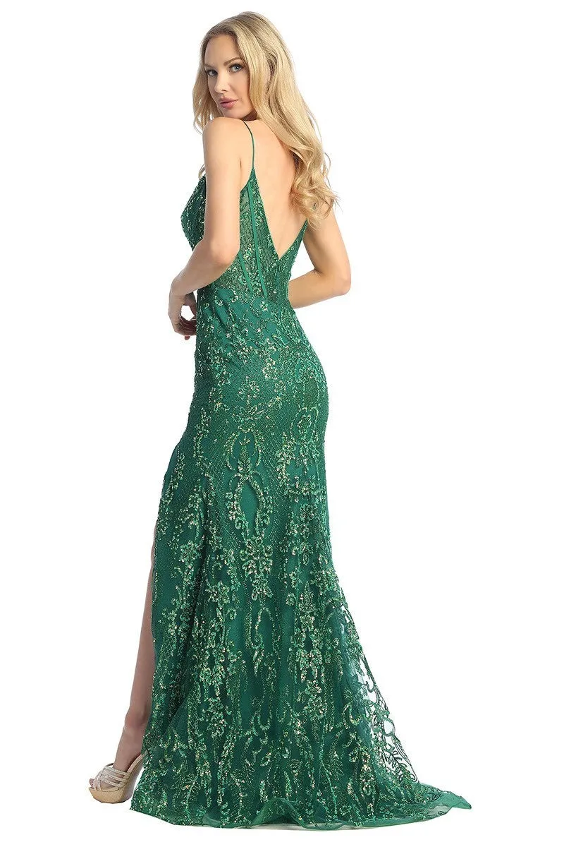 LF 7860 - Glitter Print Fit & Flare Prom Gown with Boned Corset Bodice & Leg Slit