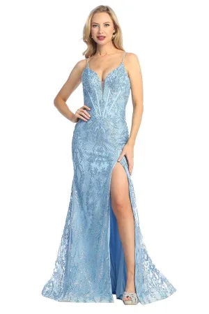 LF 7860 - Glitter Print Fit & Flare Prom Gown with Boned Corset Bodice & Leg Slit
