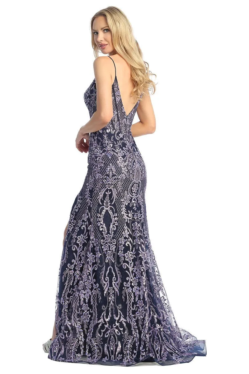 LF 7860 - Glitter Print Fit & Flare Prom Gown with Boned Corset Bodice & Leg Slit