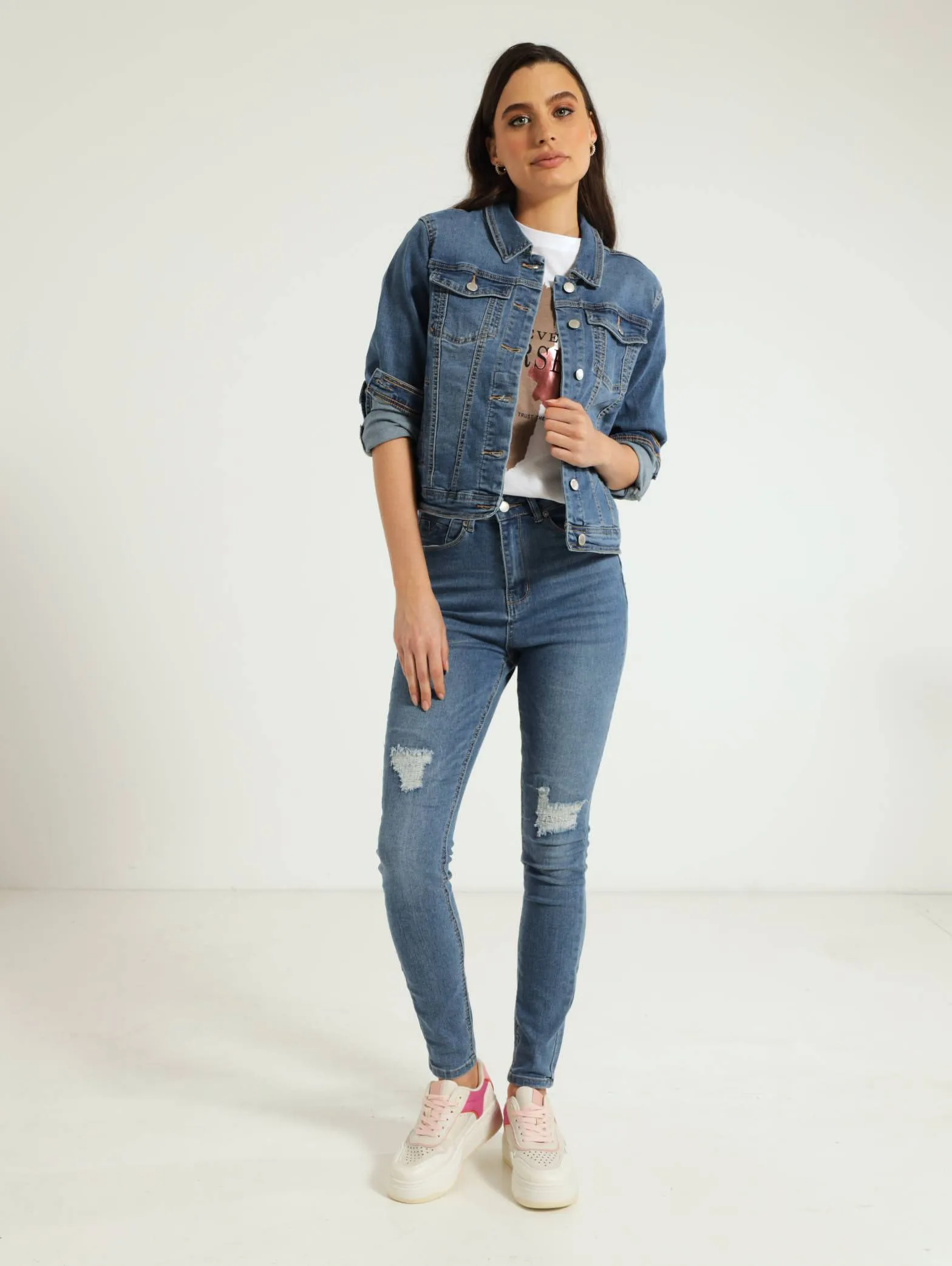 Long Sleeve Classic Denim Trucker Jacket - Mid Blue