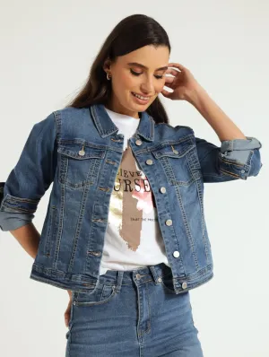 Long Sleeve Classic Denim Trucker Jacket - Mid Blue