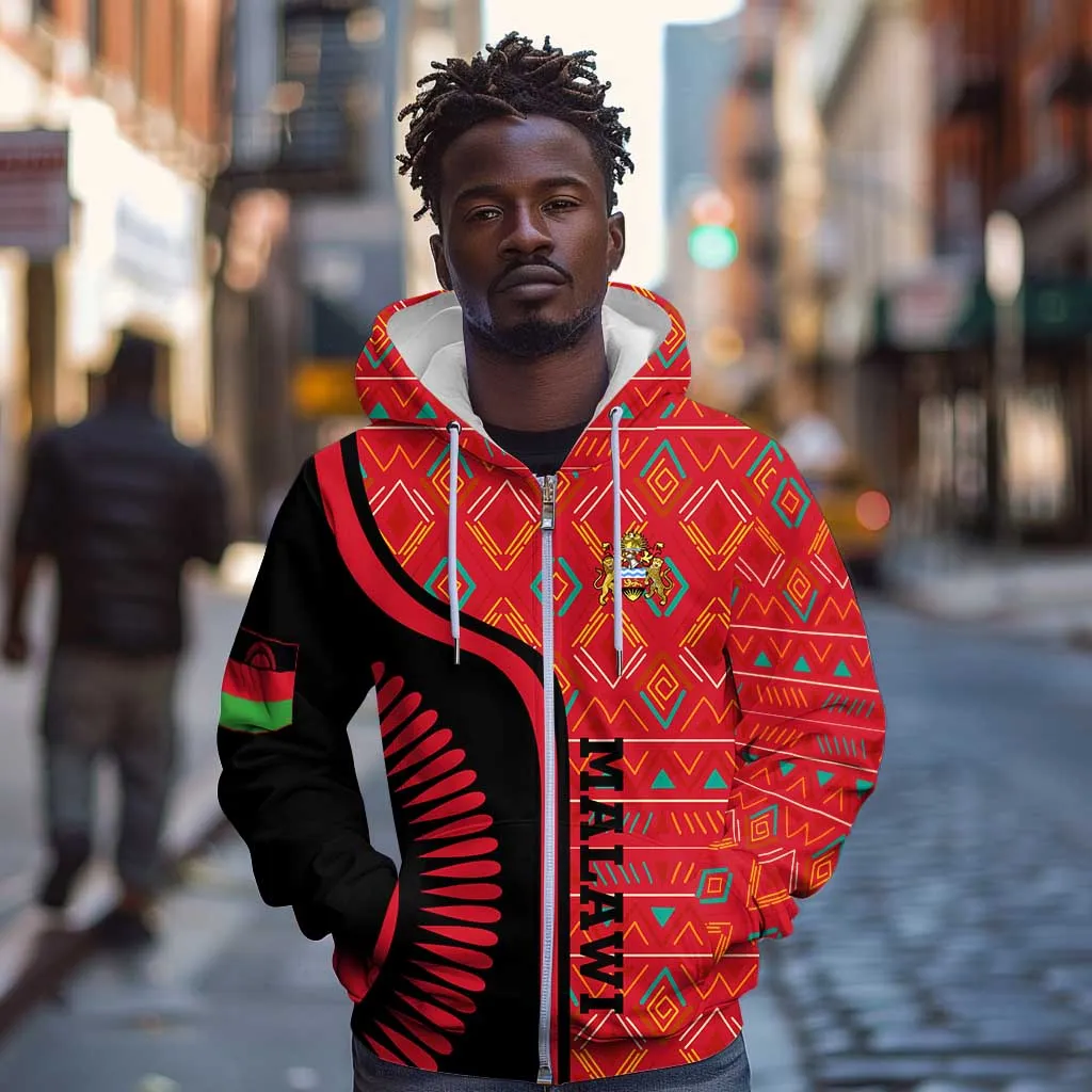Malawi Patterns African Zip Hoodie Blended with Flag Colors and National Emblem TS04