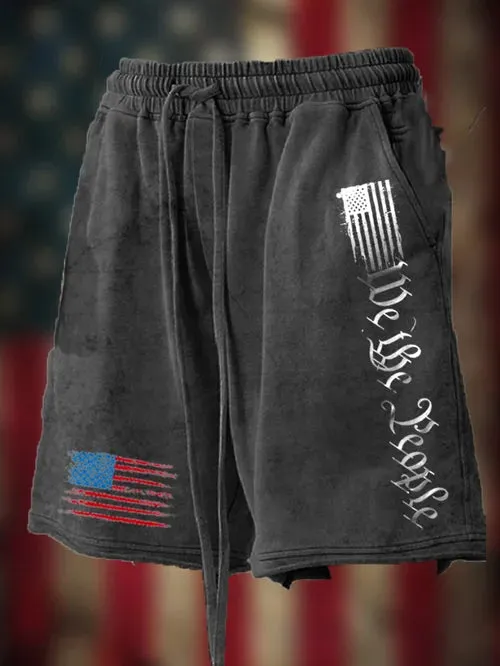 Men's Vintage Distressed Hem Independence Day Print Loose Shorts