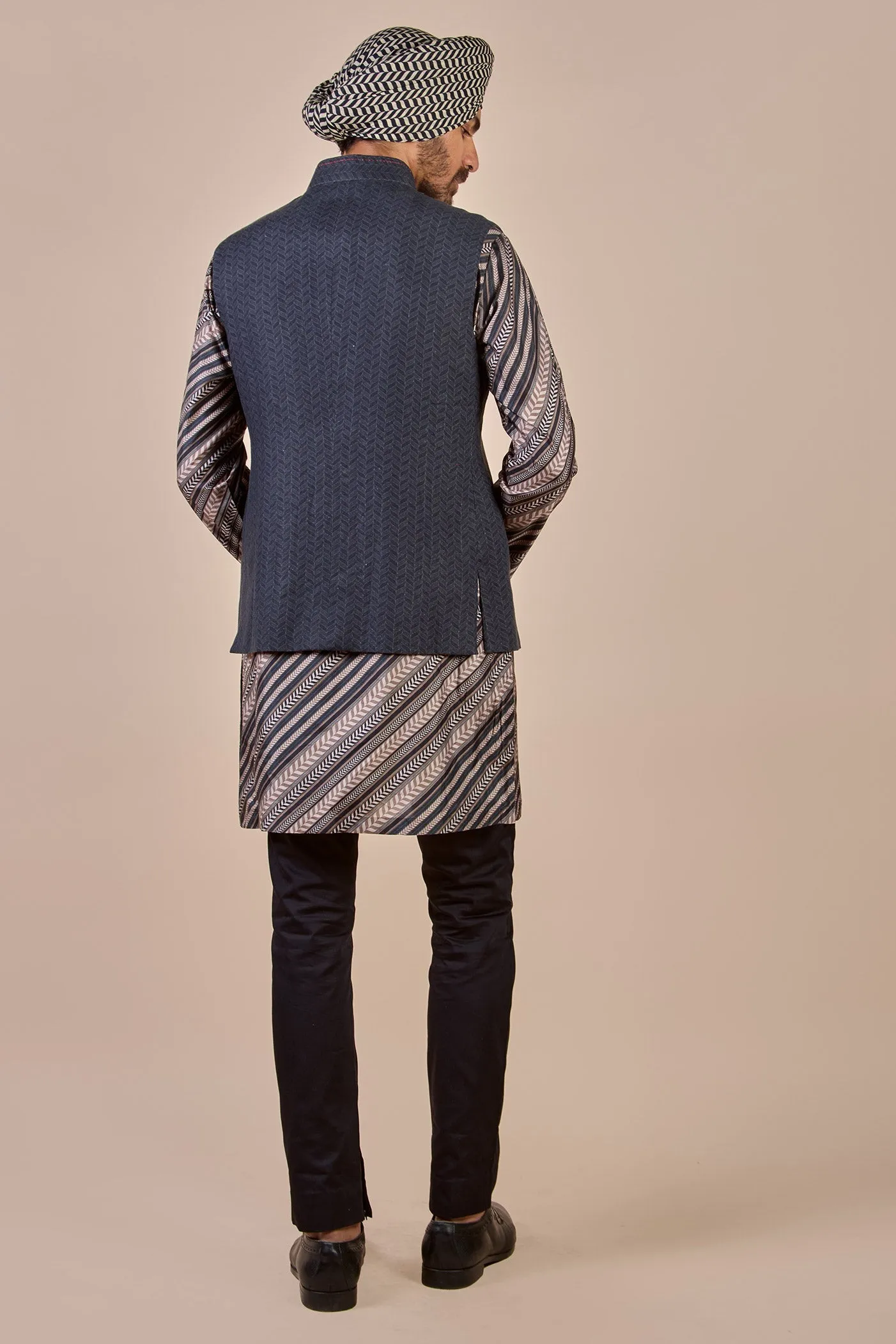 Midnight Blue Tonal Chevron Nehru Jacket